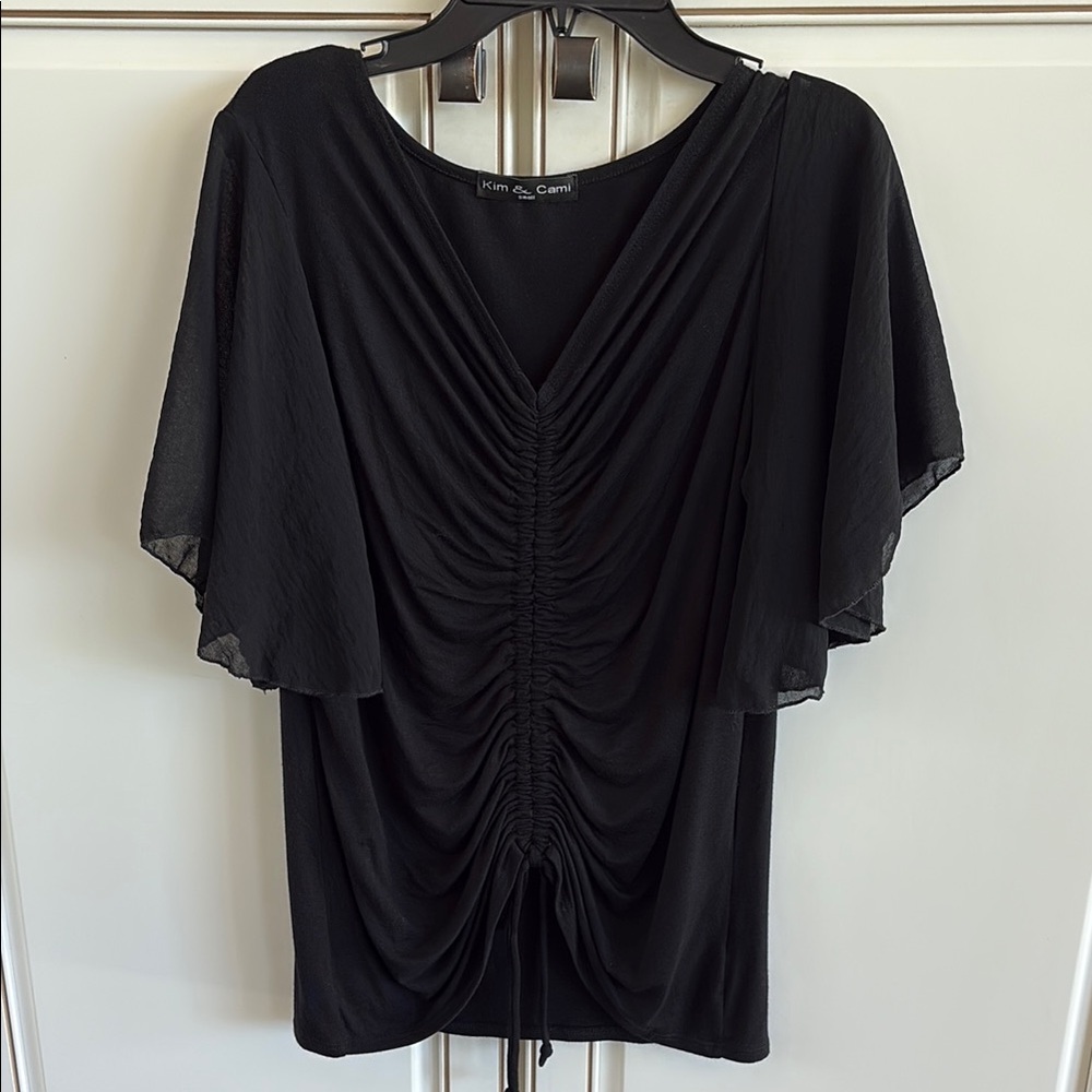 Kim & Cami Black Flutter Sleeve Ruched Blouse Size Small